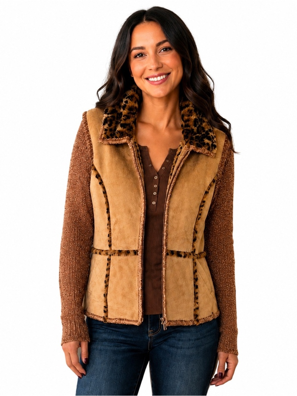 Lisa international Tan Sherpa Vest with Leopard Trim